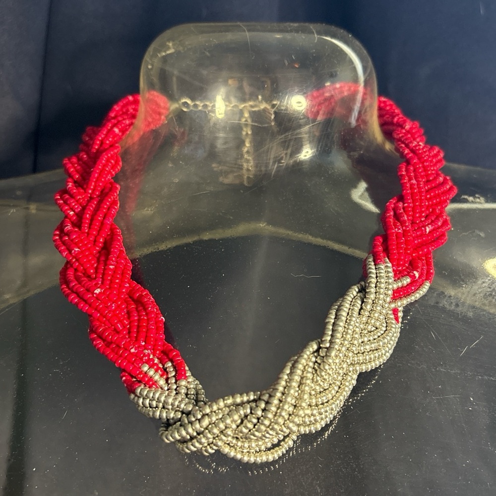 Source Unknown Red and Silver Braided Necklace